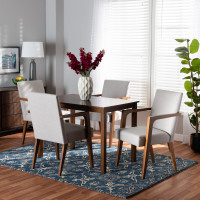 Baxton Studio BBT5267-Greyish BeigeWalnut-5PC Dining Set Baxton Studio Glenda Mid-Century Modern Greyish Beige Fabric Upholstered and Walnut Brown Finished Wood